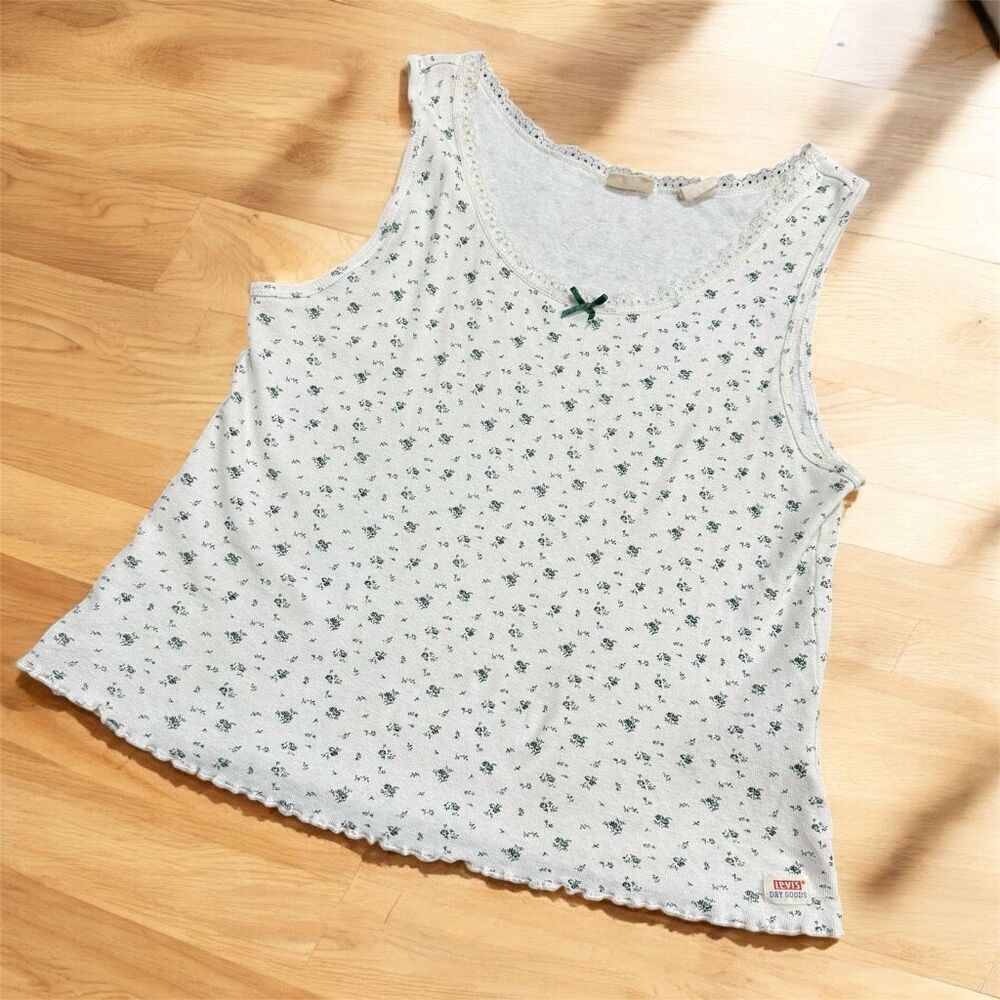 Levi’s Eyelet Tank Large Floral Embroidered White Bow Green Ditsy